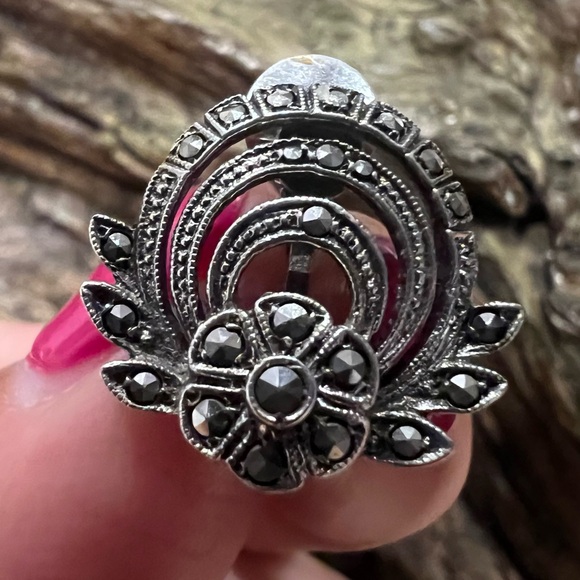 Artisan CNP Earrings Silver German 800 Marcasite Filigree Oxidized Clip-Ons - Picture 2 of 8